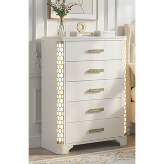 Sunvega Beige Wood 5-Drawer Chest with Gold Accent Pulls and LED Lighting