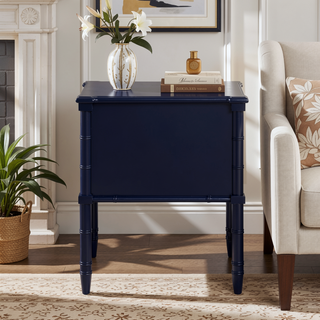 Sunvega Midnight Blue Tropical Style Nightstand with Two Drawers and Carved Wood Legs