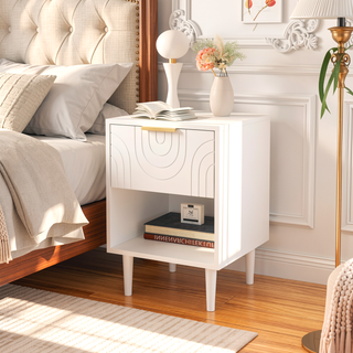 Sunvega Modern White Nightstand with Gold Accent Handle and Open Shelf