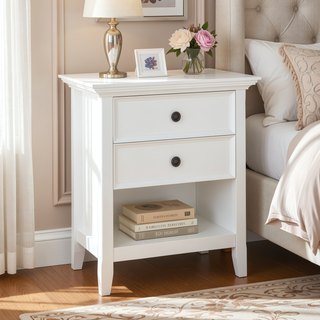 Sunvega White Handcrafted Solid Wood Transitional Bedside Table with Two Spacious Drawers