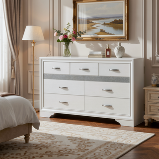 Sunvega White and Silver Glitter Nightstand with Hidden Felt-Lined Jewelry Drawer
