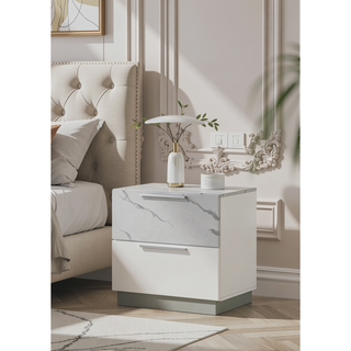 Sunvega Mist Nightstand with Two-Tone High-Gloss Marble Lacquer Finish and Two Spacious Drawers