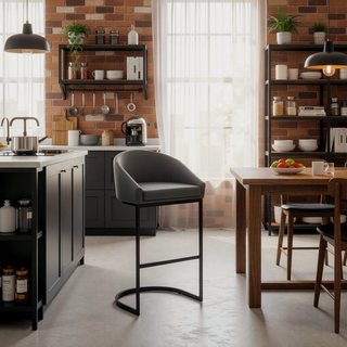 Sunvega Black Metal Counter Stool with Gray Faux Leather Upholstery