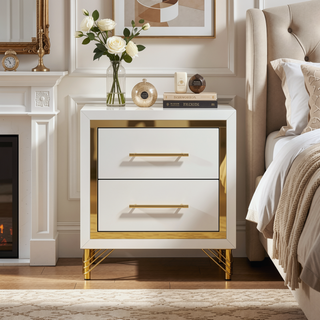 Sunvega White Nightstand with Gold Trim and Two Drawers for Bedroom Storage