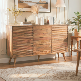 Sunvega Solid Mango Wood Nordic Chest with 4 Drawers and Storage Shelves
