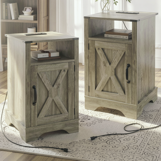 Sunvega White & Oak Farmhouse Nightstand with Electrical Outlets Charging Station and Storage