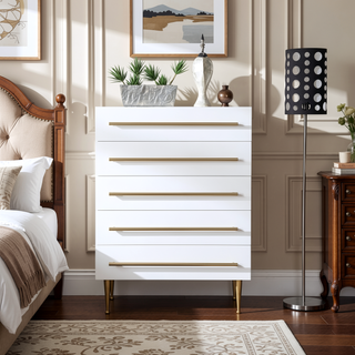 Sunvega White Wooden Storage Unit with Gold Accent and 5 Drawers for Bedroom