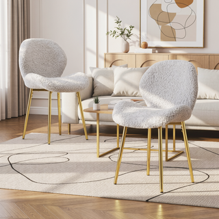 Sunvega Modern Minimalist White Teddy Velvet Dining Chairs Set of 2 with Gold Metal Legs