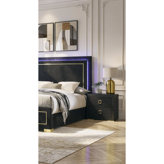 Sunvega Modern Black Nightstand with Center Glide Drawers and Gold Trim
