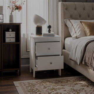 Sunvega Modern White Nightstand with Dual Drawers and Open Shelf for Bedroom