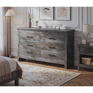 Sunvega Rustic Gray Oak Finish Six-Drawer Dresser with Manual Close Function