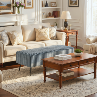 Sunvega Cream Wide Wale Corduroy Upholstered Accent Bench with Metal Legs