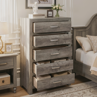 Sunvega Weathered Gray Finish 6 Drawer Dresser Faux Wood Veneer Bedroom Furniture