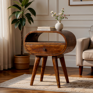 Sunvega Timeless Elegance Functional Chestnut Circular Open Bedside Table with Drawer