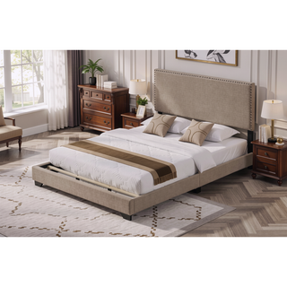 Sunvega Fully Upholstered Fabric Queen Bed with Nailhead Trim Accent and Wood Leg