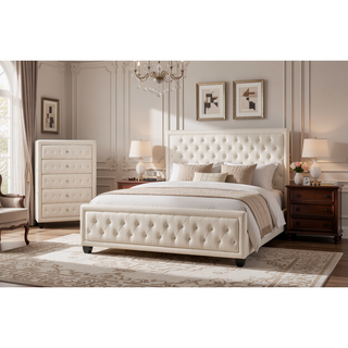Sunvega Sophia Cream Velvet Upholstered Crystal Tufted 5-Drawer Chest for Bedroom