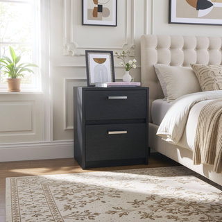 Sunvega Black Nightstand with Two Drawers and Metal Handles for Bedroom
