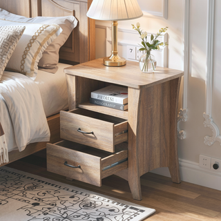 Sunvega Rustic Natural Nightstand with Two Drawers and One Open Storage Shelf