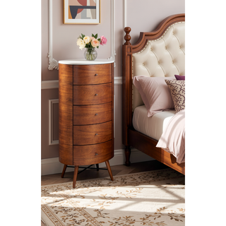 Sunvega Walnut Finish Modern Luxury Chest of Five Drawers with White Marble Top