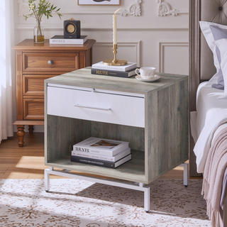 Sunvega Weathered Gray Oak and White Finish Nightstand with Drawer and Shelf
