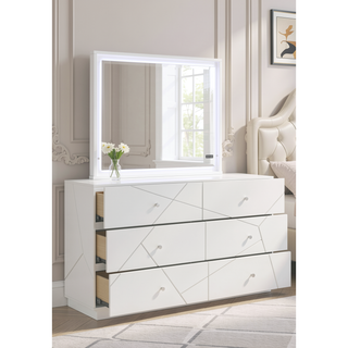 Sunvega White Lacquer Dresser with Six Smooth-Glide Drawers and Marble Accents