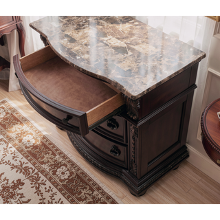 Sunvega Traditional Brown Cherry Finish Marble Top Three Drawer Nightstand