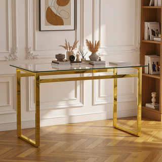 Sunvega Modern Minimalist Rectangular Glass Dining Table with Golden Chrome Metal Legs for Kitchen Dining Living Room