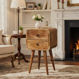 Sunvega Solid Mango Wood Nightstand with Two Drawers Oak-ish Finish