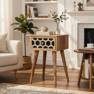 Sunvega Solid Wood Mini Bedside Table with Bone Inlay Drawer and Nordic Legs