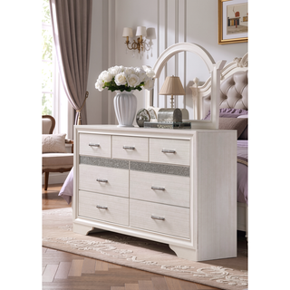 Sunvega White and Silver Glitter Nightstand with Hidden Felt-Lined Jewelry Drawer