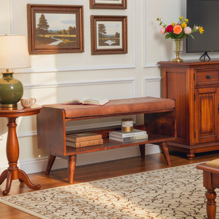 Sunvega Solid Mango Wood Chestnut Finish Bench with Brown Leather Seat Pad