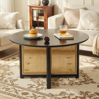 Sunvega 31.5 Inch Round Bohemian Style Solid Wood Coffee Table with PE Cane Stand
