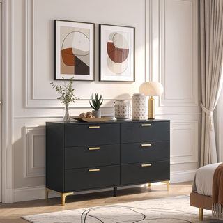 Sunvega Black and Gold 6-Drawer Dresser with Durable Metal Handle and Base