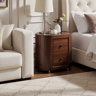 Sunvega Pink Velvet Upholstered Modern Nightstand with Two Drawers and Glass Top