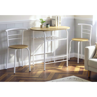 Sunvega Natural Laminate Dining Table Set with White Metal Chairs for Space Saving
