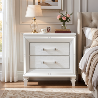 Sunvega White Silver Finish Nightstand with 2 Dovetail Drawers and Acrylic Bar Pulls