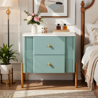 Sunvega Modern Nightstand with 2 Storage Drawers and Golden Metal Handles for Bedroom