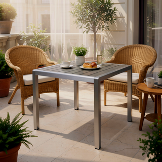 Sunvega Silver Gray Anodized Aluminum Faux Wood Square Patio Dining Table