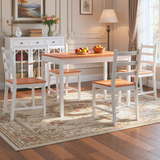 Sunvega Rustic Pine Wood Dining Table Set with Four High Back Chairs