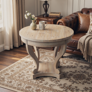 Sunvega Small Round Natural Wood Side Table with Two Storage Drawers