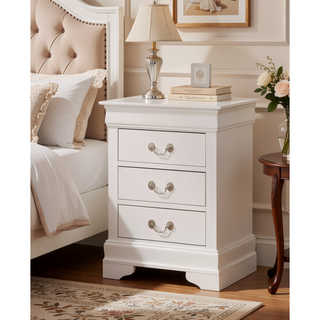 Sunvega Bright White Traditional Nightstand with Three Drawers for Bedroom