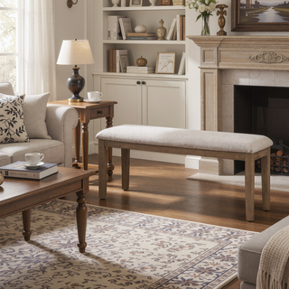 Sunvega Rectangular Solid Wood Bench with Fabric Upholstered Seat and Chamfered Legs