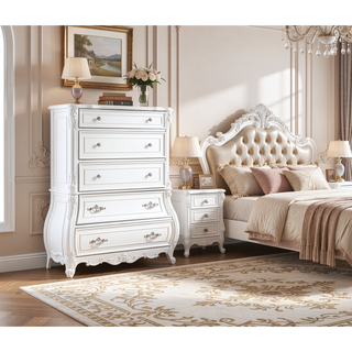 Sunvega Modern Style 5-Drawer Chest with Ornate Carvings in Pearl White