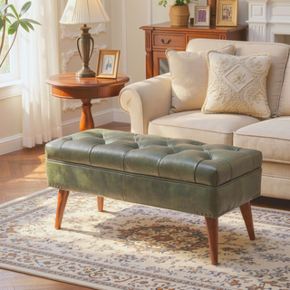 Sunvega Modern Green Leather Upholstered Bench with Solid Mango Wood Legs