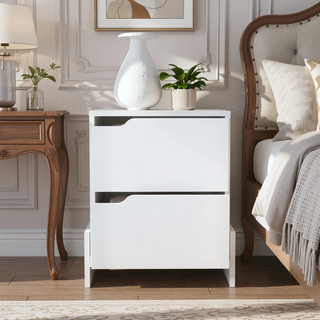 Sunvega Brookland Nightstand with Double Drawers and Sturdy Base in White Macadamia
