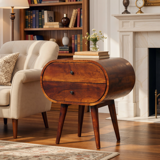 Sunvega Solid Mango Wood Chestnut Round Bedside Table with 2 Drawers and Nordic Legs