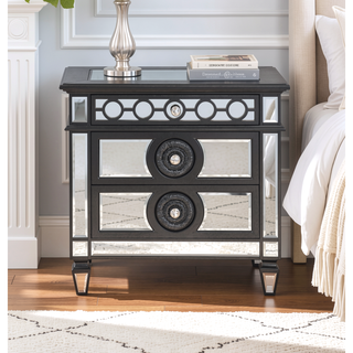 Sunvega Mirrored Nightstand with Black and Silver Finish Geometric Trim
