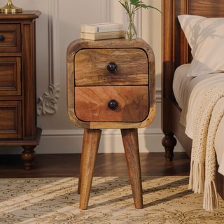 Sunvega Ultra-Compact Solid Mango Wood Bedside Table with Two Drawers