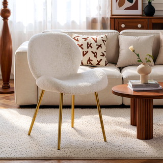 Sunvega Modern Minimalist White Teddy Velvet Dining Chairs Set of 2 with Gold Metal Legs