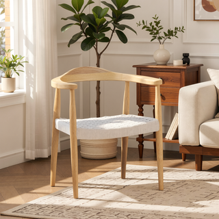 Sunvega Mid-Century Modern Club Chair with Ash Wood Frame and Flat Rope Weave
